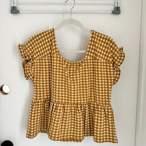 Madewell Gingham Knit Ruffle-Hem Top - Antique Gold